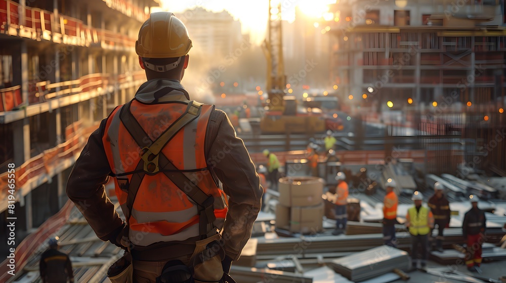 A construction worker wearing safety gear stands in the foreground, looking at workers on an active building site in the background.
