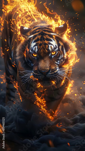 Fierce Fiery Tiger Stalking Through Charged Skies - Cinematic Mythological Creature