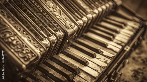 vintage accordion closeup with weathered bellows and ornate keys sepia tone photo