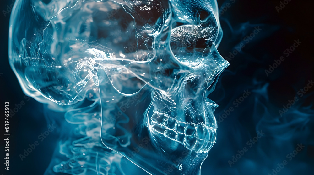Glowing X-ray Depiction of a Surreal Ethereal Skull in a Dark Void Atmosphere,Inspired by Scientific Visualization of the Unseen with and Cinematic