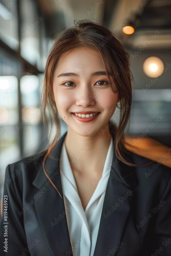 Naklejka premium A young and beautiful Korean woman in her early to mid 20s, smiling at the camera. She is wearing professional attire and has tied hair, standing inside an office. generative AI