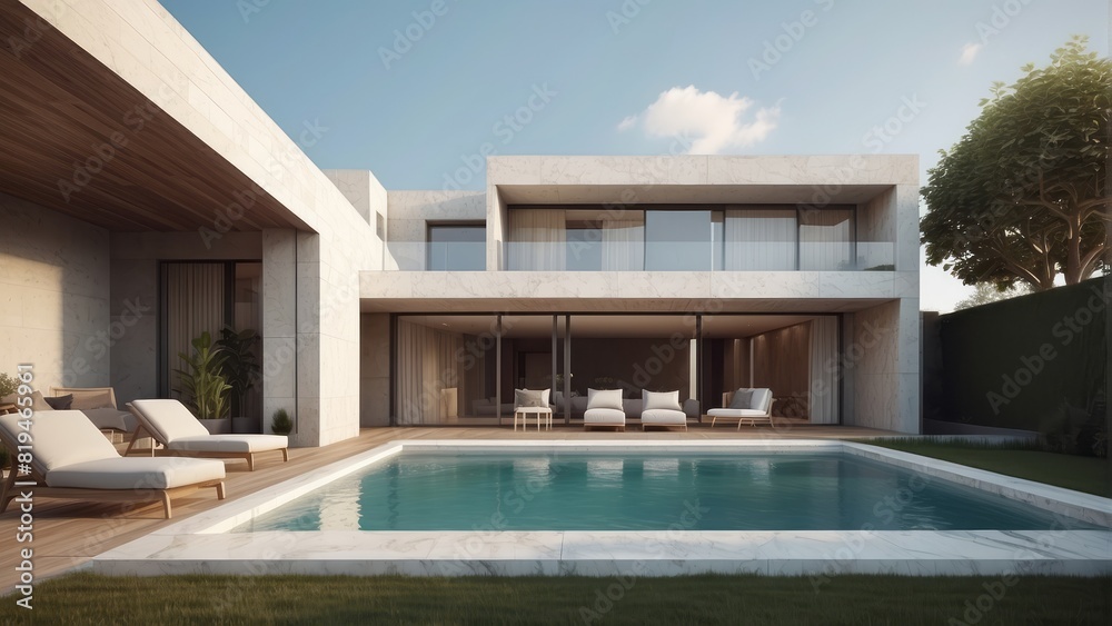 Architecture modern marble house with terrace and swimming pool, 3D building design illustration