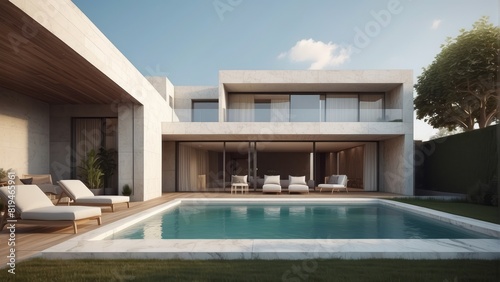 Architecture modern marble house with terrace and swimming pool, 3D building design illustration © free