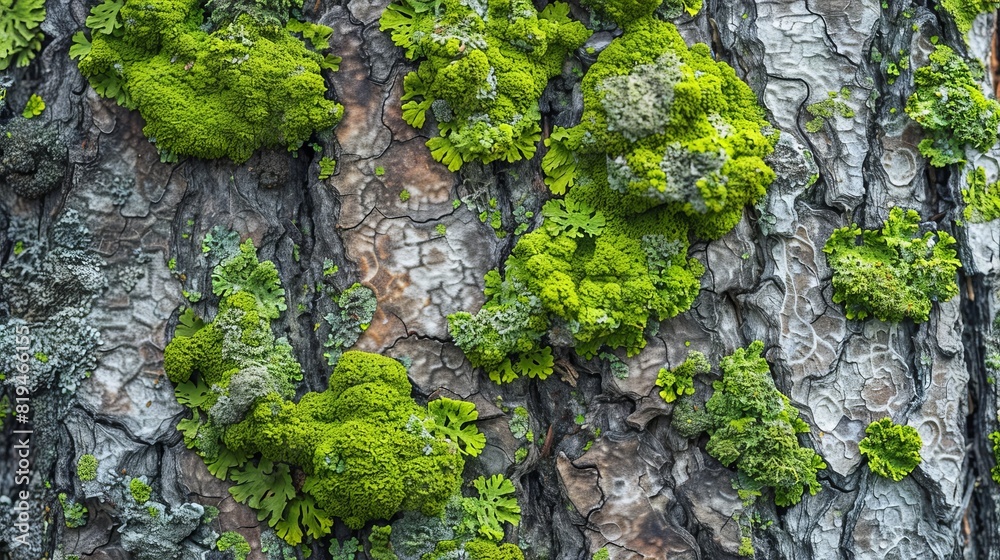 Abstract composition with green moss on tree bark - texture and background with very soft focus