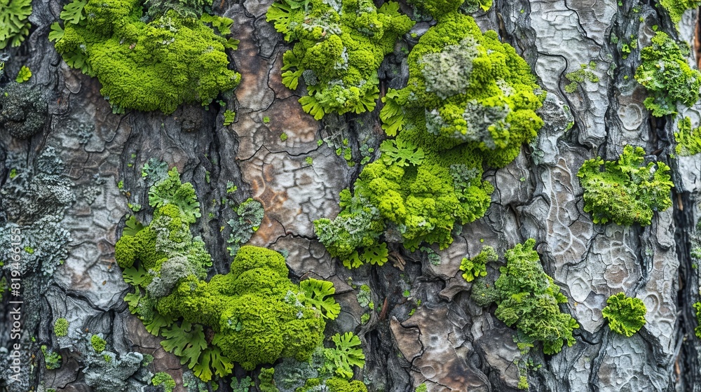 Abstract composition with green moss on tree bark - texture and background with very soft focus Abstract composition with green moss on tree bark - texture and background with very soft focus