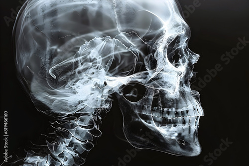 Highly Detailed X-Ray Image of Human Skull Showcasing Intricate Cranial Structure with Stark Black Backdrop and Clinical Aesthetic