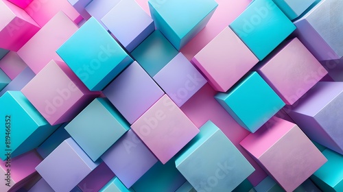 A modern and minimalistic background featuring an array of geometric shapes in pastel blue, purple, pink, and white colors. 
