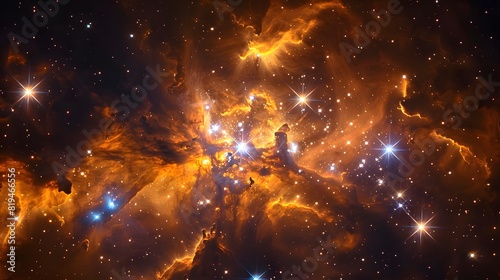 A nebula of stars  glowing in the darkness of space  resembling an orange and yellow cloud with bright blue star clusters scattered throughout it. 