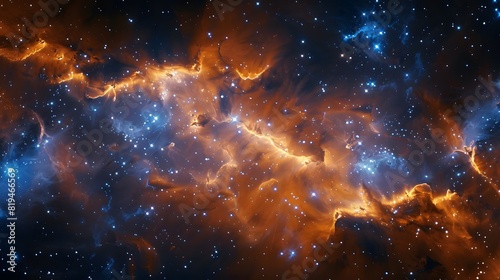 A nebula of stars  glowing in the darkness of space  resembling an orange and yellow cloud with bright blue star clusters scattered throughout it. 