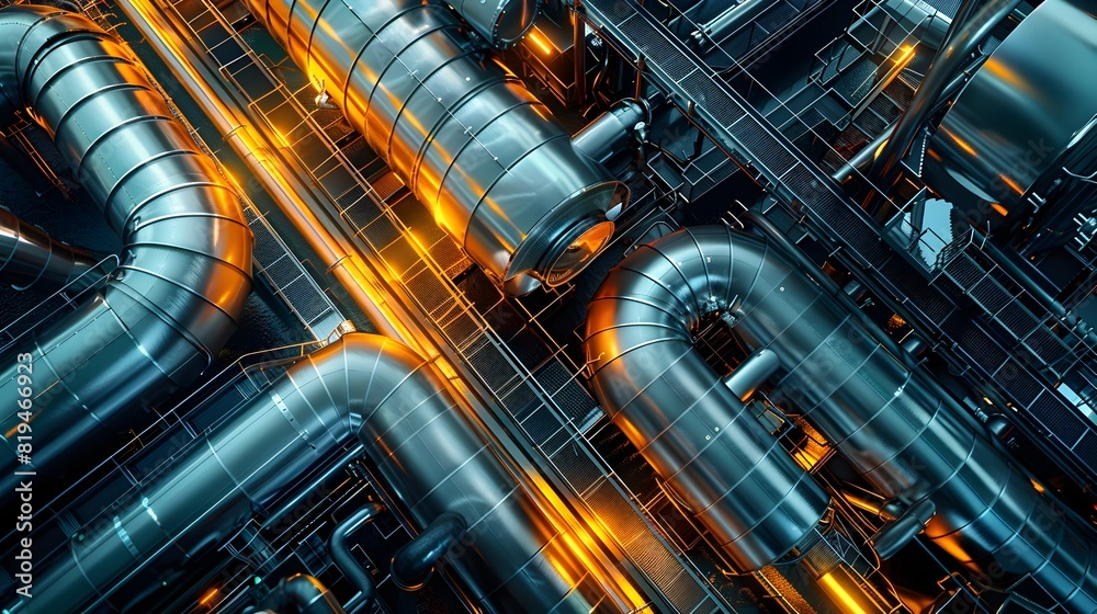 Intricate Piping and Machinery in an Uranium Ore Processing Plant Showcasing Technical Complexity of the Nuclear Fuel Cycle Intricate Piping and Machinery in an Uranium Ore Processing Plant Showcasing Technical Complexity of the Nuclear Fuel Cycle