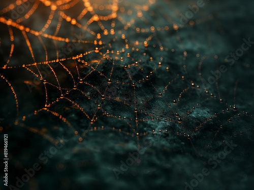 Halloween creepy spider web. Creepy spider web with drops of dew, spooky cobweb wallpaper illustration. Moody spiderweb scary background photo