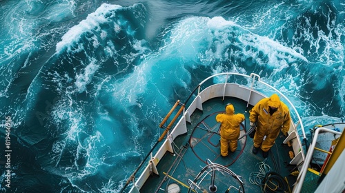 Two sailors in yellow overalls stand on the deck of an ocean ship, conducting observations with data collection equipment and instruments during blue sea waves. Shot photo