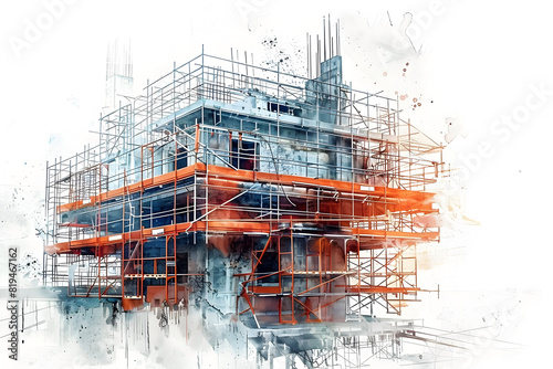 Intricate Watercolor Rendering of Scaffolding,Foundation Piling,and Asphalt Paving Construction Project