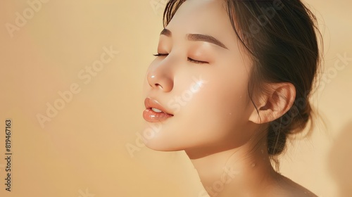 Experience the epitome of beauty with a young Asian woman showcasing her clean, fresh skin against a beige backdrop. This image is ideal for face care, facial treatment, and cosmetology campaigns photo