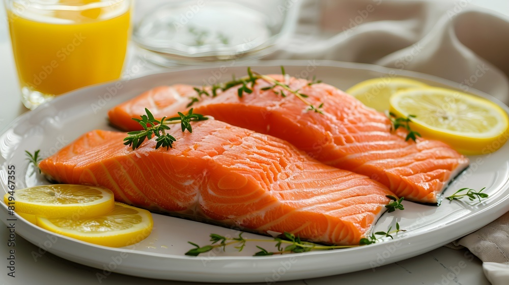 A plate of fresh salmon fillet with lemon slices and herbs, ready to be cooked.
