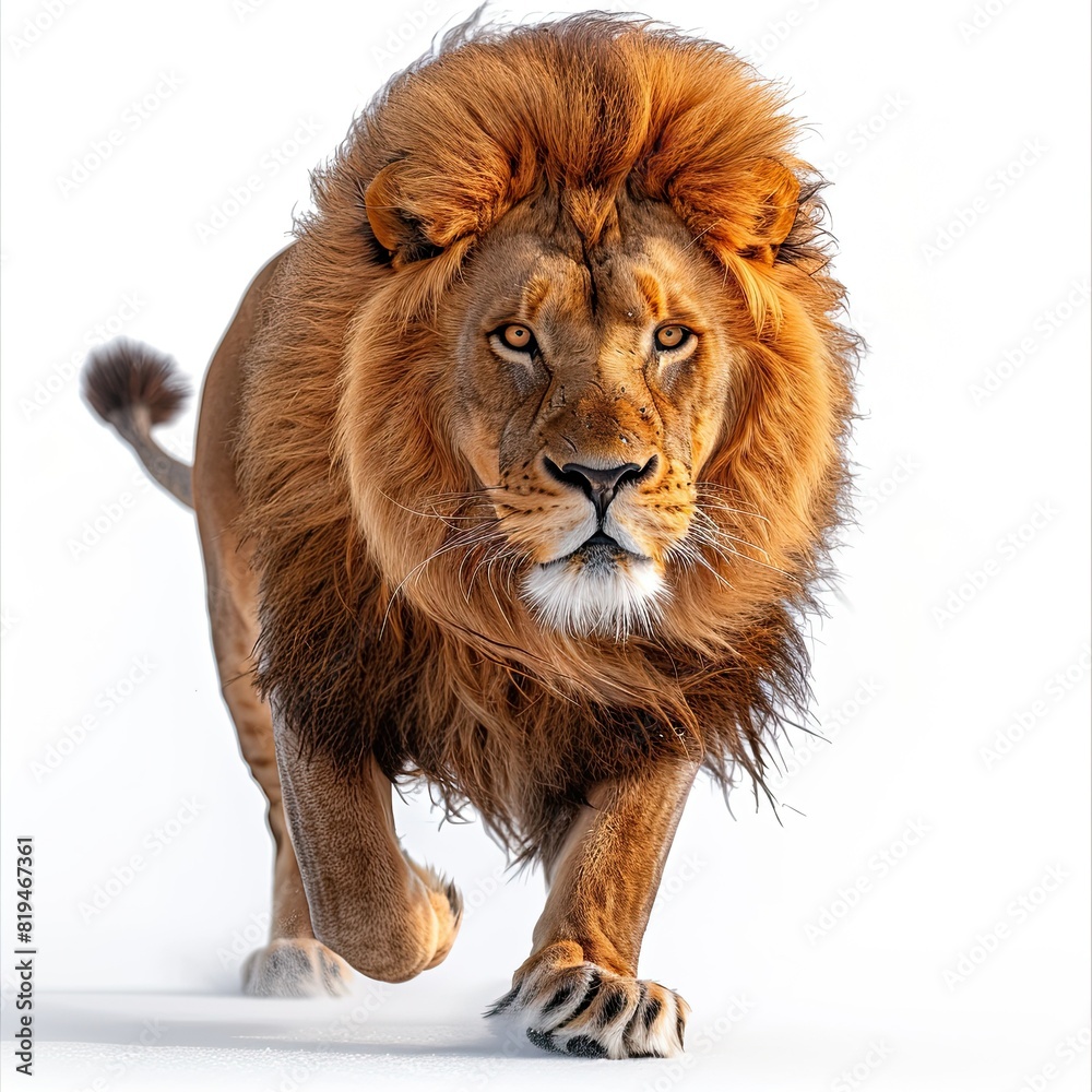 side view male lion, full body running side view photo portrait on white background 8k, shot by canon 5d