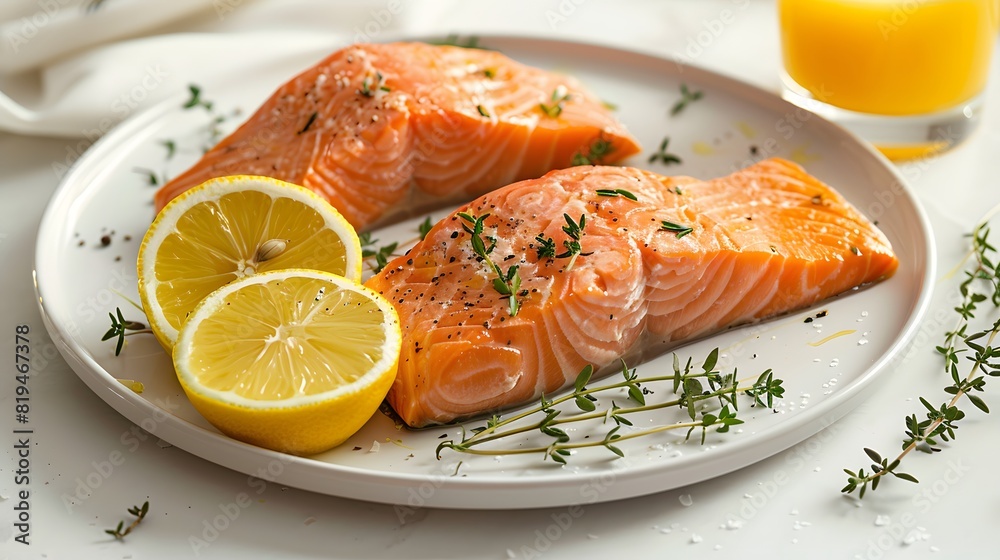 A plate of fresh salmon fillet with lemon slices and herbs, ready to be cooked.
