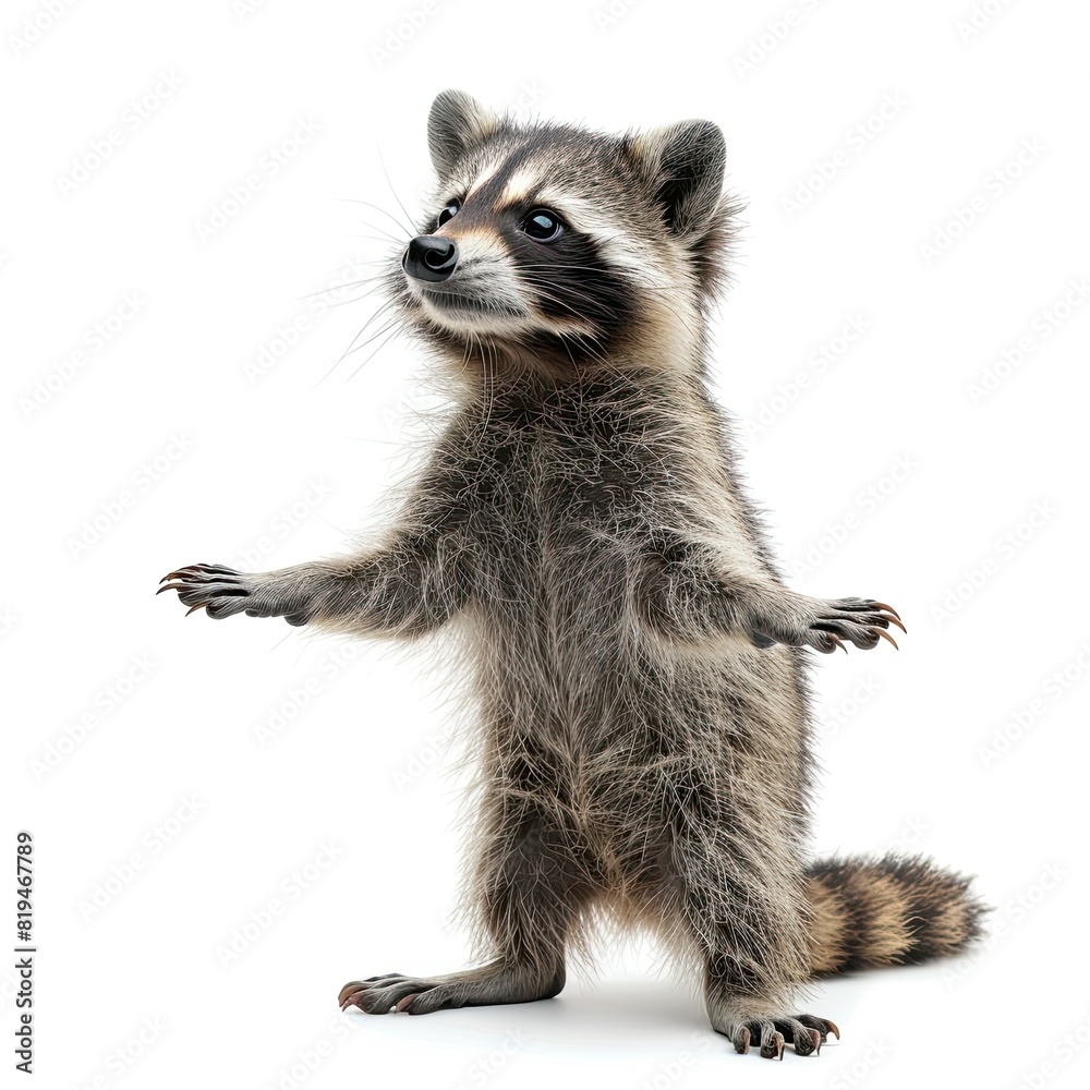 side-view portrait of a cute Racoon reaching up with arms outstretched, solid white background