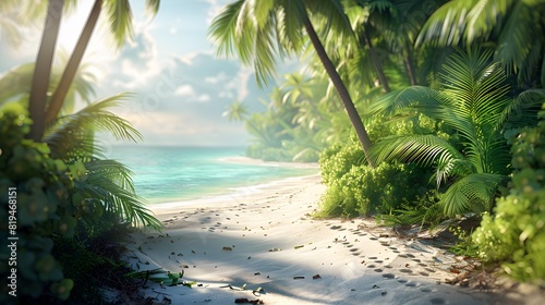 A tropical beach scene with palm trees and white sand  overlooking the ocean. A softly focused background of trees. The sunlight creates a warm atmosphere. 