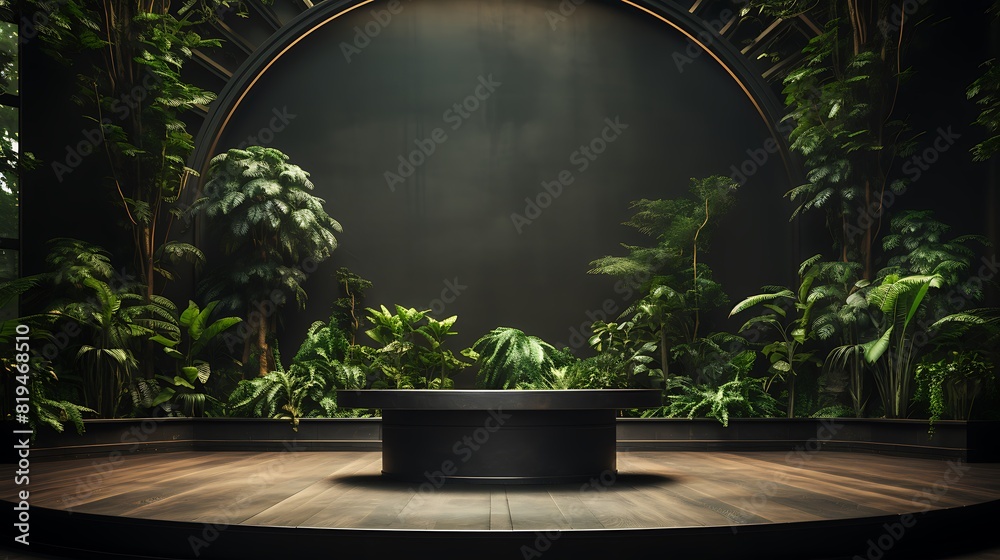 elegant podium background with a sleek black finish, illuminated by spotlights, surrounded by lush indoor plants, a sense of importance and sophistication elegant podium background with a sleek black finish, illuminated by spotlights, surrounded by lush indoor plants, a sense of importance and sophistication
