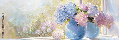 a large blue vase with hydrangeas is placed on the windowsill, generative AI photo