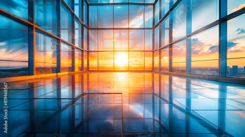 Abstract background with a modern glass building and sunset light. A modern architecture  corporate office interior. 