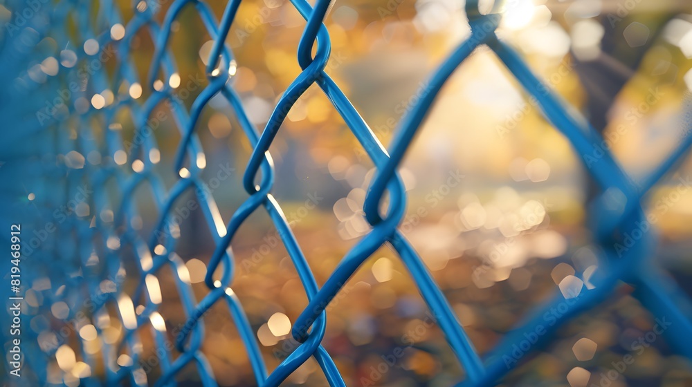 Fototapeta premium Close up of a blue chain link fence with a blurred background of a school yard where kids can be seen playing in the distance.