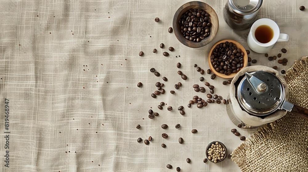 Coffee Lover's Dream - Artistic Flat Lay of Fresh Coffee Beans, French Press, and Grinder on Textured Tablecloth Coffee Lover's Dream - Artistic Flat Lay of Fresh Coffee Beans, French Press, and Grinder on Textured Tablecloth