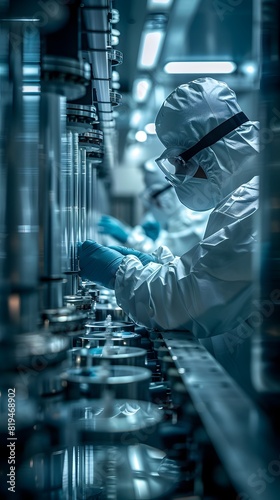 Technicians in Hazmat Suits Overseeing Precise Centrifuge Enrichment Process at Nuclear Facility