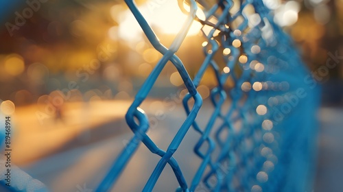 Close up of a blue chain link fence with a blurred background of a school yard where kids can be seen playing in the distance.
 photo