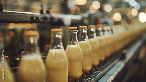 Close up of glass milk bottles on the production line, in a light brown and beige style, with minimal editing of the original text.
 photo