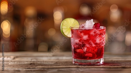 Vodka cranberry on the rocks with lime, wooden backdrop. photo