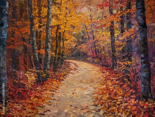 Forest path in autumn  fallen leaves  soft golden light  impressionist  bird s eye view   vibrant color