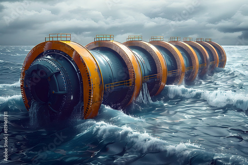 Tidal Power Installations Harnessing the Energy of Ocean Currents for Electricity in a Cinematic 3D Rendered Photographic Style