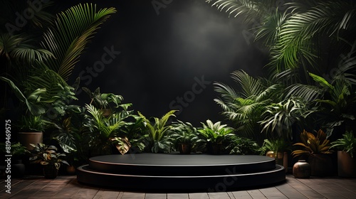 elegant podium background with a sleek black finish  illuminated by spotlights  surrounded by lush indoor plants  a sense of importance and sophistication
