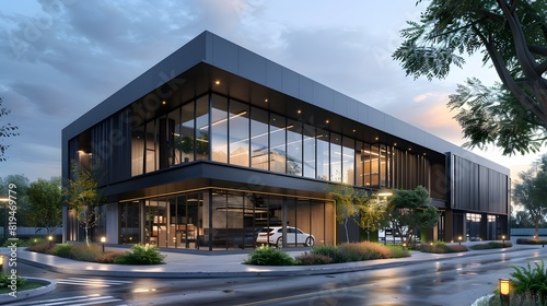 Exterior architectural rendering of an industrial building with one side covered in black timber cladding, the other half is glass and metal.
