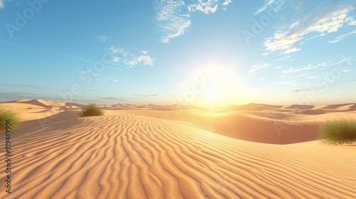 A desert scene with a sun in the sky