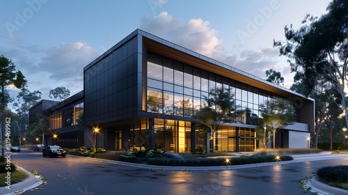 Exterior architectural rendering of an industrial building with one side covered in black timber cladding, the other half is glass and metal. 