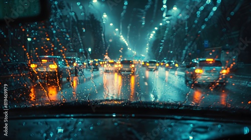 In the foreground is an empty car windshield, on which we can see cars driving in traffic far away. it looks dark with street lights shining through raindrops falling from above. 
