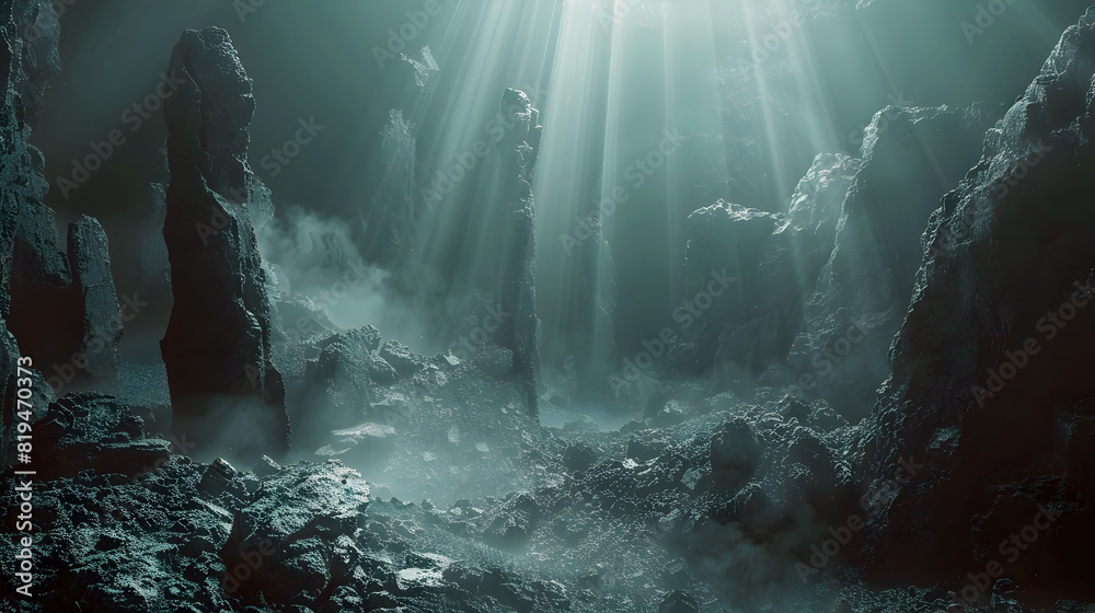 Obraz premium Traversing the Cryptic Realms of the Underworld:A Shrouded Landscape of Ethereal Luminescence and Enigmatic Mystery