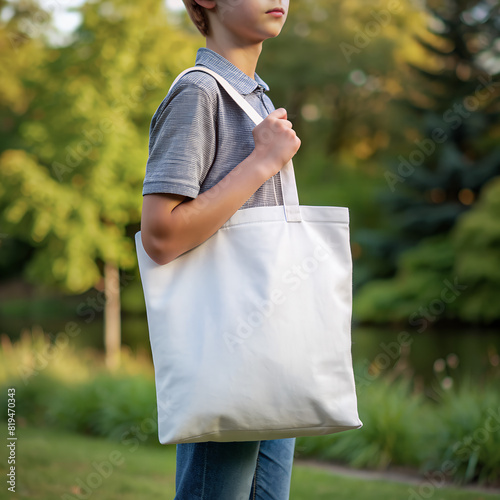 Tote bag mockup. Boy carrying reusable white cotton linen eco organic fabric canvas blank totebag with natural green leaves trees background. AI generated
