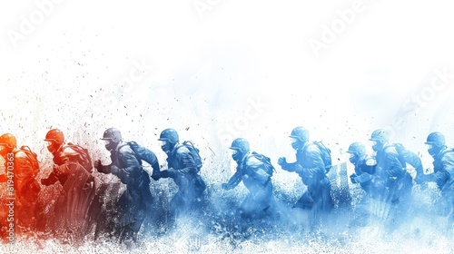 A group of people running in a line with a splash of red and blue