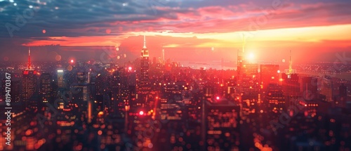 A city skyline at sunset with a bright orange sun in the sky photo