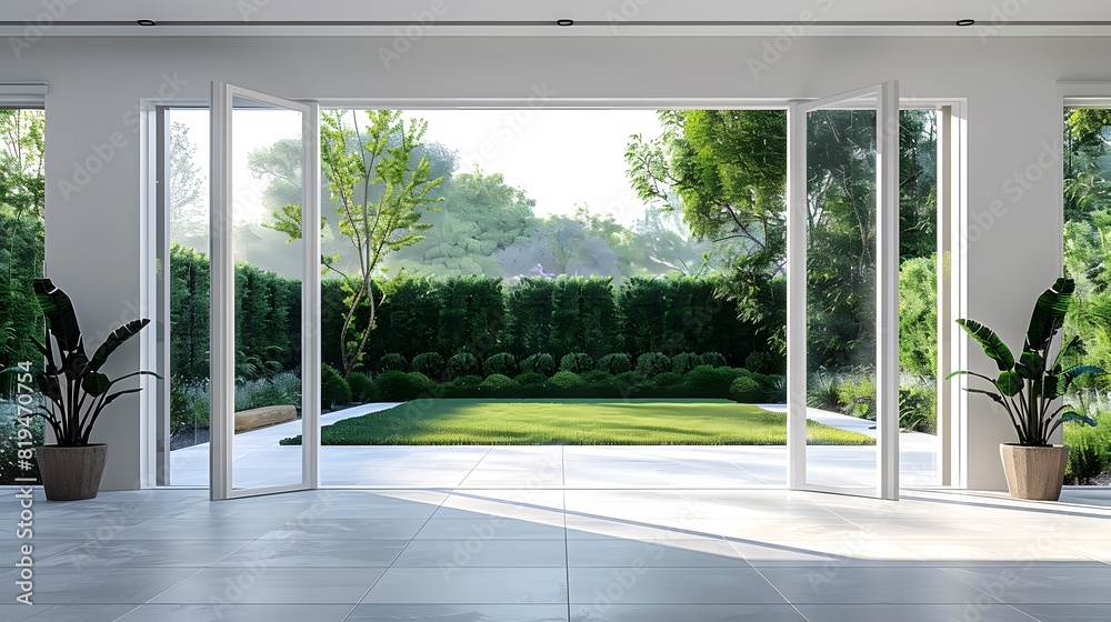 Open the prestigous white patio doors, view of a large garden with a lawn and trees and hedges, bright daylight, interior design.
Open the prestigous white patio doors, view of a large garden with a lawn and trees and hedges, bright daylight, interior design.