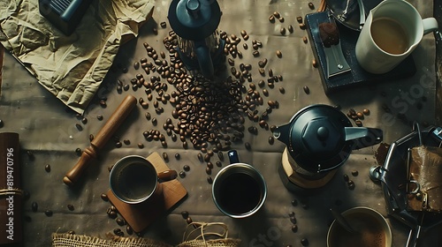 Rustic Coffee Lovers' Delight: Flat Lay of Coffee Beans and Accessories on Textured Tablecloth