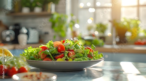 An animated salad on the counter in front view with a blurred background of a modern kitchen interior. creating an atmosphere of freshness and vitality 