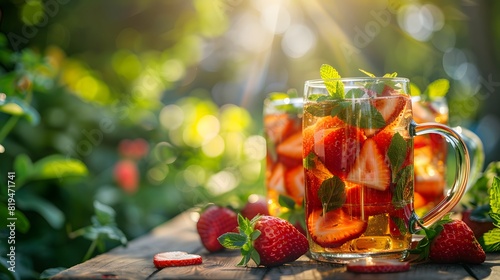 Pimms in glass mugs with strawberries and mint, outdoors on a table on a sunny day, focus on the drink.
 photo