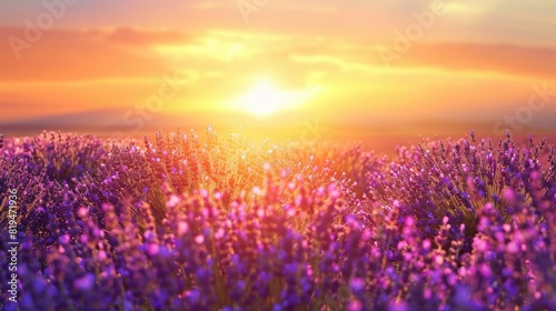 dreamy lavender field under a golden sunset with copy space © nabeelstudio.id