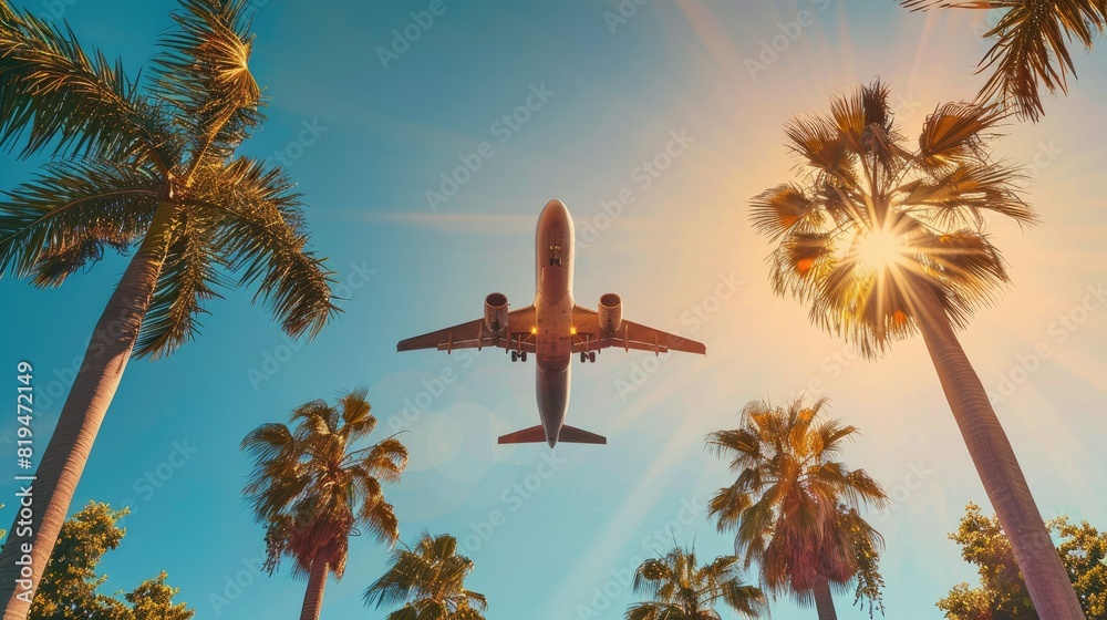 Obraz premium Airplane flying above palm trees in clear sunset sky with sun rays