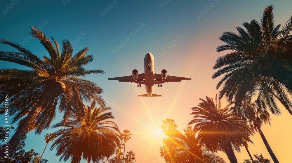 Fototapeta premium Airplane flying above palm trees in clear sunset sky with sun rays